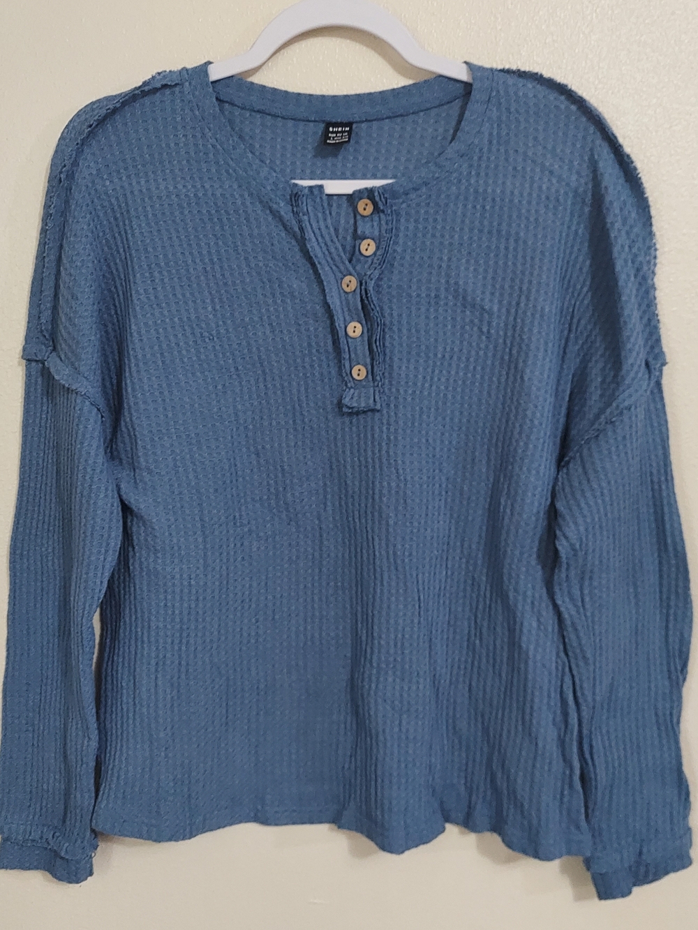 SHEIN Blue Waffle Henley Long Sleeve Top